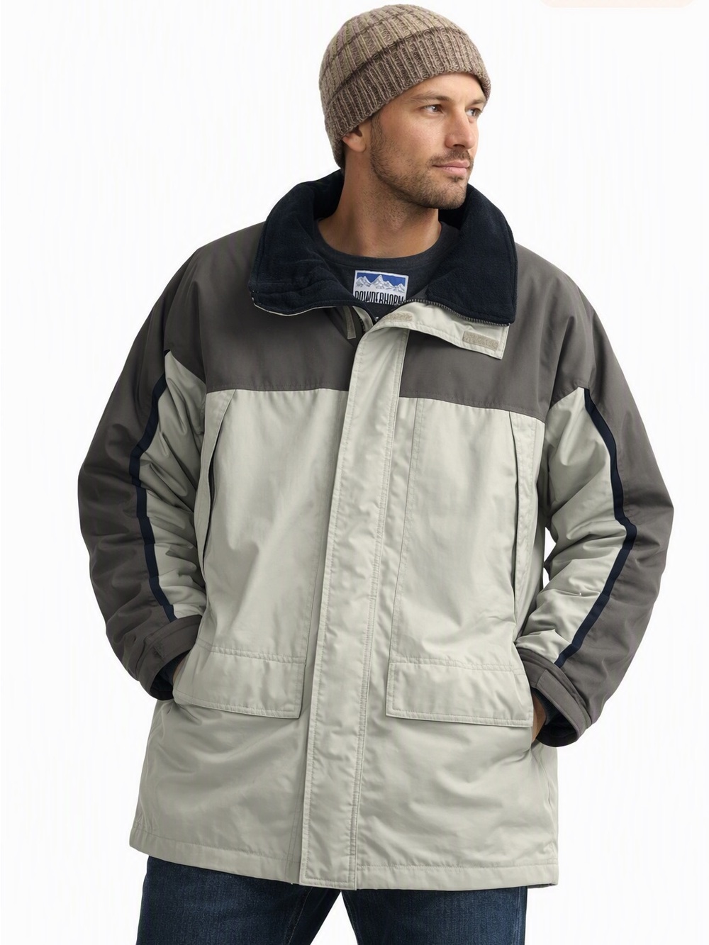 Vintage Powderhorn Snowboard Jacket XL Hood Ski Snow Beige Gray Insulated